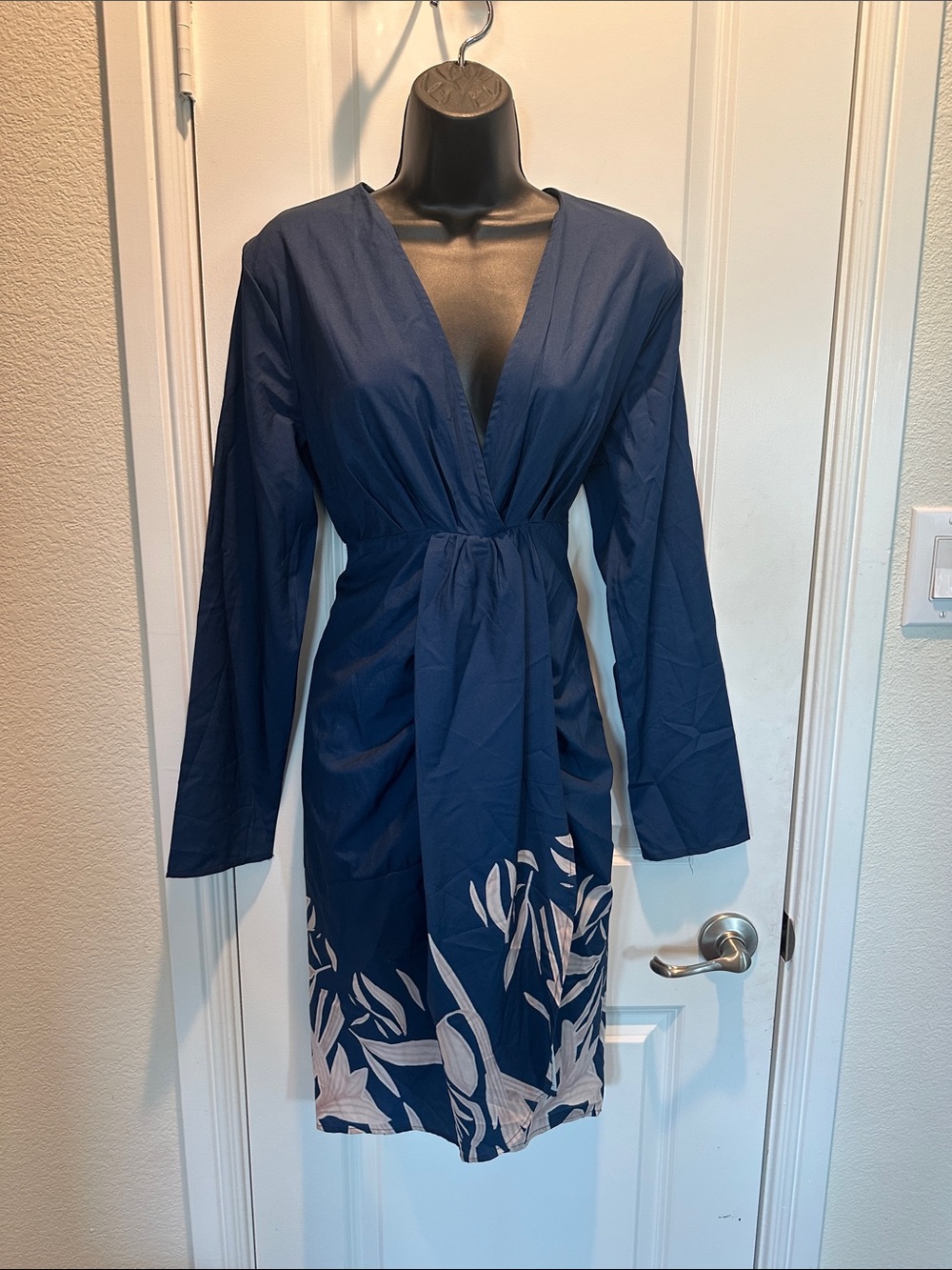 Women's Navy Wrap Dress with White Floral Hem